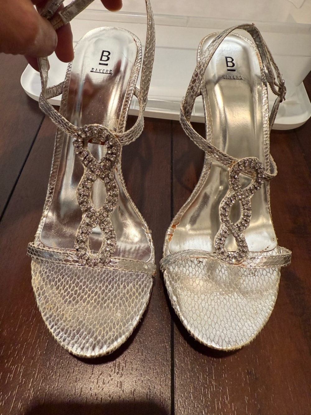 Bakers Metallic Silver Rhinestone T-Strap Slingback Heels